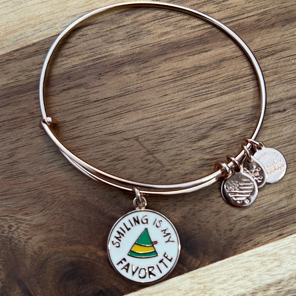Alex and Ani Elf movie bracelet in a shiny rose gold finish.